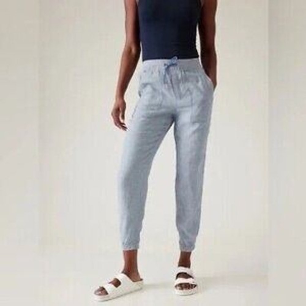 Athleta Linen Jogger Pants Womens 10 Blue Excellent Drawstring Elastic Waist